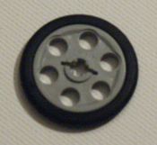Lego pulley wheell, light old grey with black rubber tyre