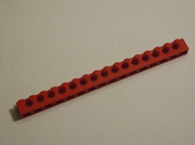 Lego 16 peg red technic beam, 16 studs, 15 axle hole
