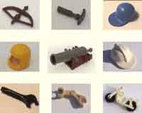 Lego minifigure accessories, hats, hair / wigs, swords, guns, shields, horse, barrels, flags