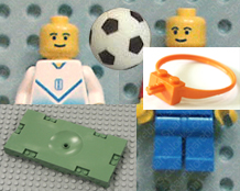 Lego sports items, football, hockey, baseball.