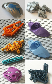 Lego, bionicle, individual parts, replacement spares, components, silver, light blue, dark blue, orange, yellow, purple