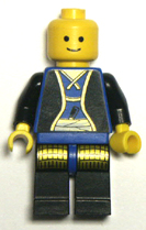 lego minifigure, blue torso black legs and hips.