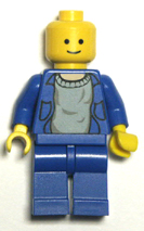 lego minifigure, blue torso black legs and hips.