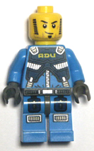 lego minifigure, blue torso black legs and hips.