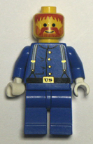 lego minifigure, blue torso black legs and hips.